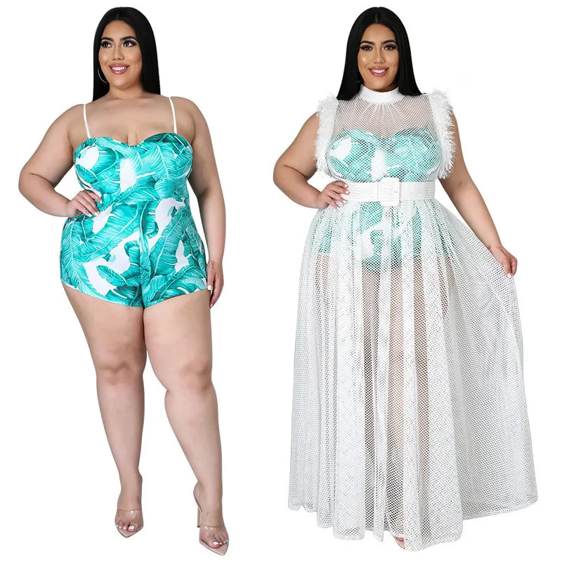 Plus Size Sexy See-Through Mesh Dress Spaghetti Strap Leaf Print Romper Set