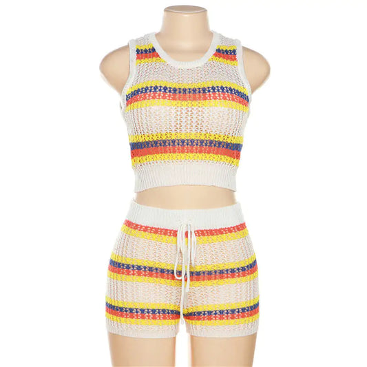 Ari Crochet Knit Striped Sleeveless Short Set